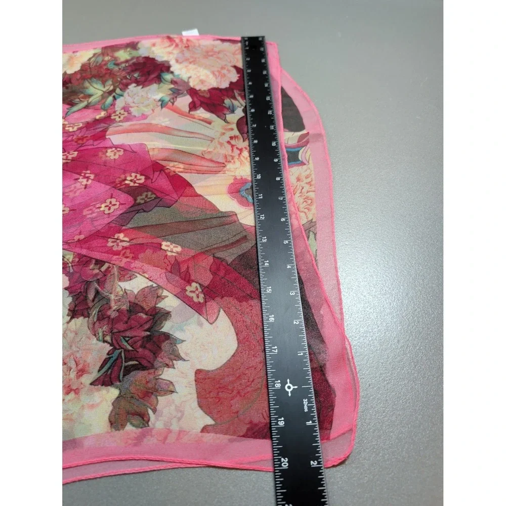 Japanese Geisha Floral Scarf Pink Peony Silk Feel Polyester Sheer Wrap 62x20